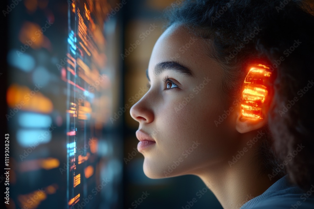 Aufkleber a person gazes at a futuristic display with glowing digital elements signifying the fusion of techno