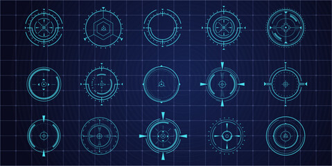 Hud aim pointer optical target, Futuristic focus range indicators, laser crosshair collimator sight. Measurement sniper for sniper gun. Game interface design ui element