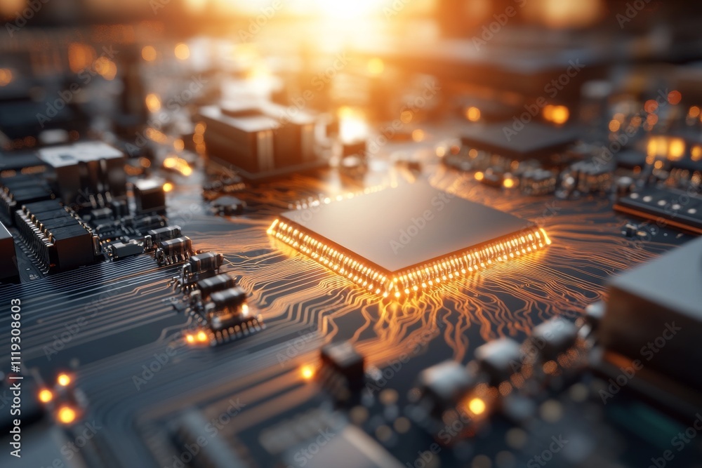 Poster this image showcases a glowing microchip integrated into a complex circuit board, capturing the esse