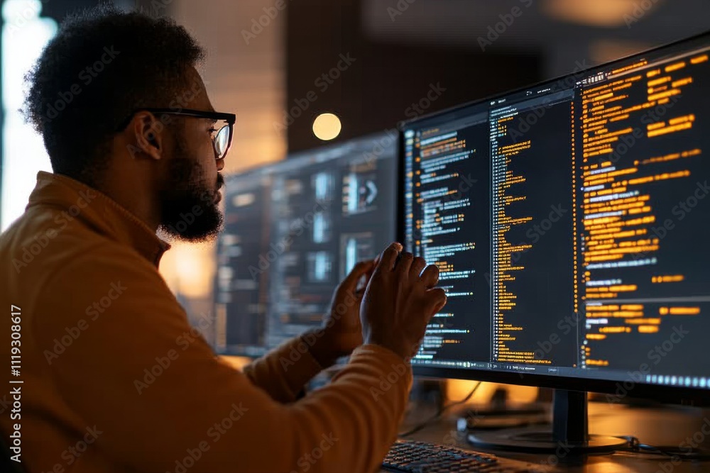 Poster a dedicated programmer intensely reviews and codes on his dual monitors, depicting the essence of mo