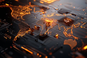 An abstract world map integrated into a circuit board design, featuring glowing orange nodes and lines, symbolizing global digital networking and technology.