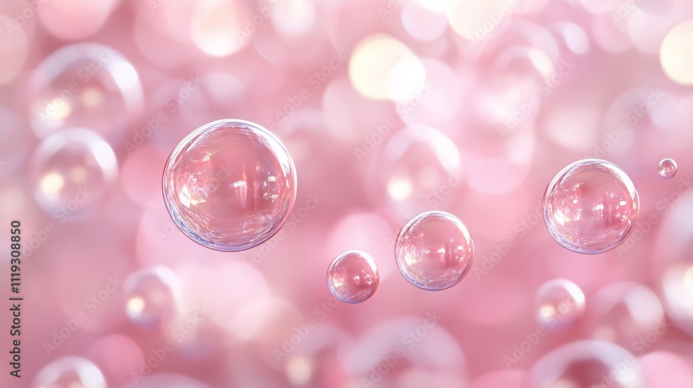 Poster beautiful translucent bubbles floating in a soft pink atmosphere with a sparkling background