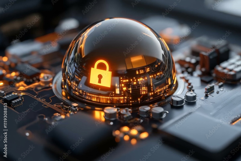 Poster secure digital representation of a padlock inside a circuit, showing cybersecurity, data protection 