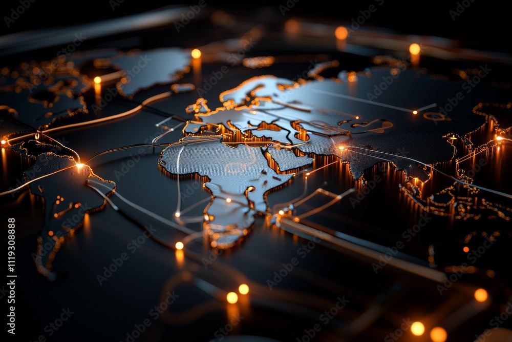 Poster world map abstractly depicted with glowing circuits, representing global connectivity, international