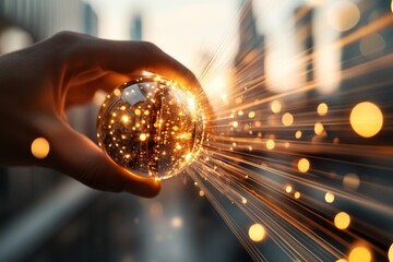 A hand extended towards a bright orb with rays shooting outward, conveying themes of interaction, exploration, and the limitless potential of human innovation.