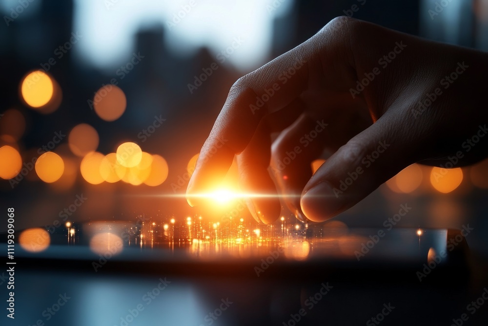 Poster a finger hovers over a tablet, causing digital sparks to fly, showcasing a visual representation of 