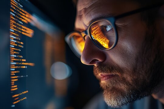 A man wearing glasses intensely analyzes code on a computer screen, illustrating dedication, analytical thinking, and the complexities of software development.