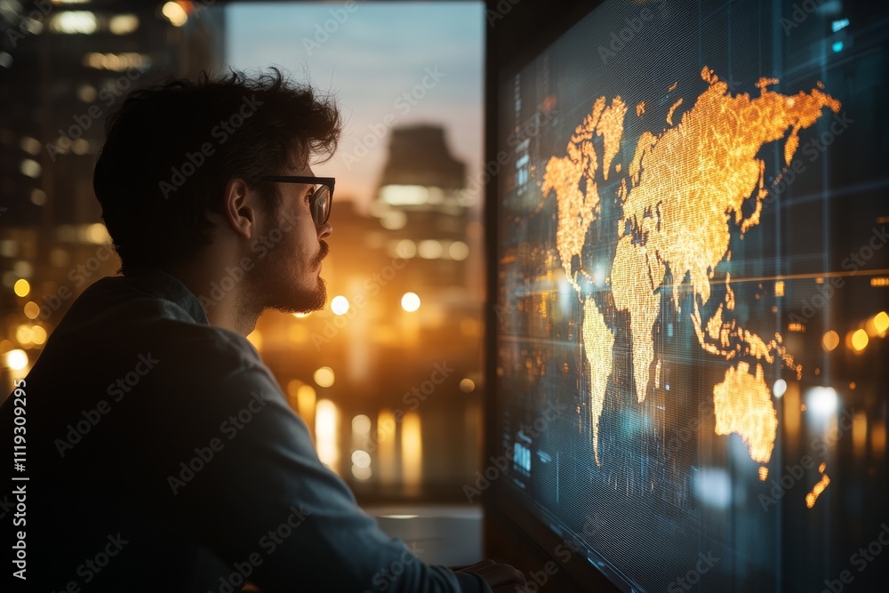 Poster a man in an office setting gazes at a large digital world map display illuminated in amber lighting,