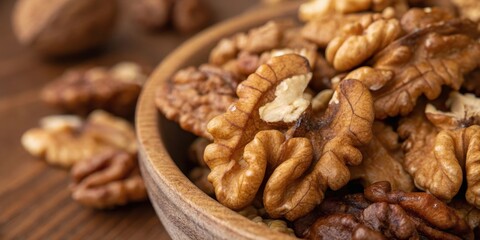 Obraz premium A wooden bowl overflowing with shelled walnuts, ready to be enjoyed as a healthy snack or ingredient