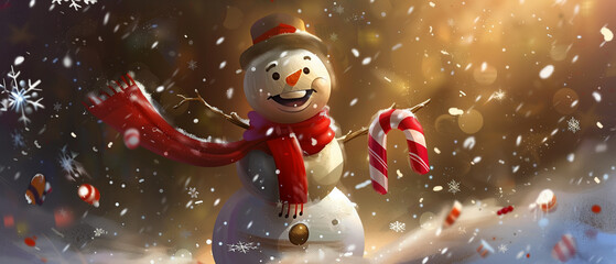 A whimsical cartoon-style snowman wearing a bright red scarf.