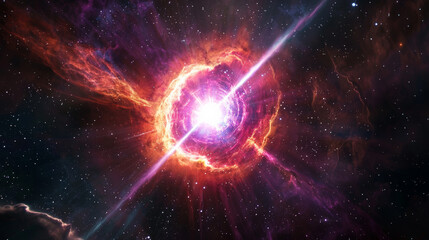 Fototapeta premium vibrant depiction of pulsar emitting intense beams of radiation, surrounded by colorful cosmic gases and stars in deep space, showcasing beauty of astrophysical phenomena