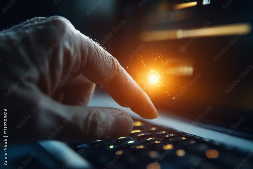 Poster a close-up of a fingertip pressing a glowing, high-tech keyboard, symbolizing digital interaction an