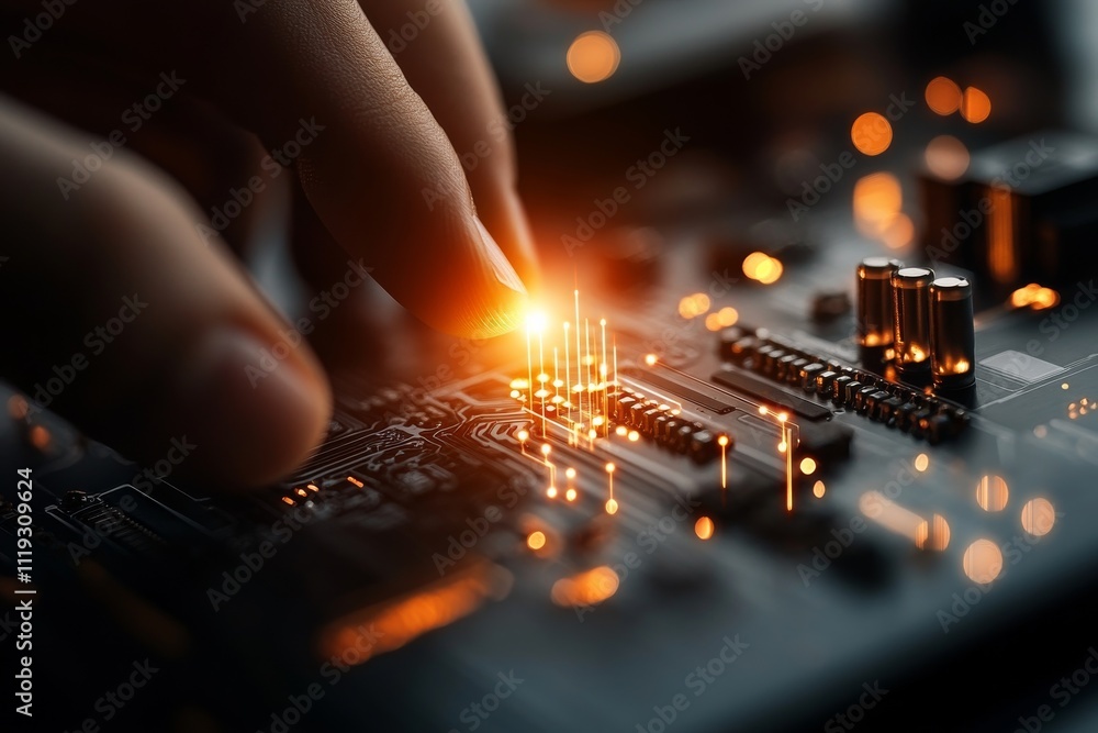 Poster a close-up of fingers touching a glowing circuit board, representing the intersection of human touch