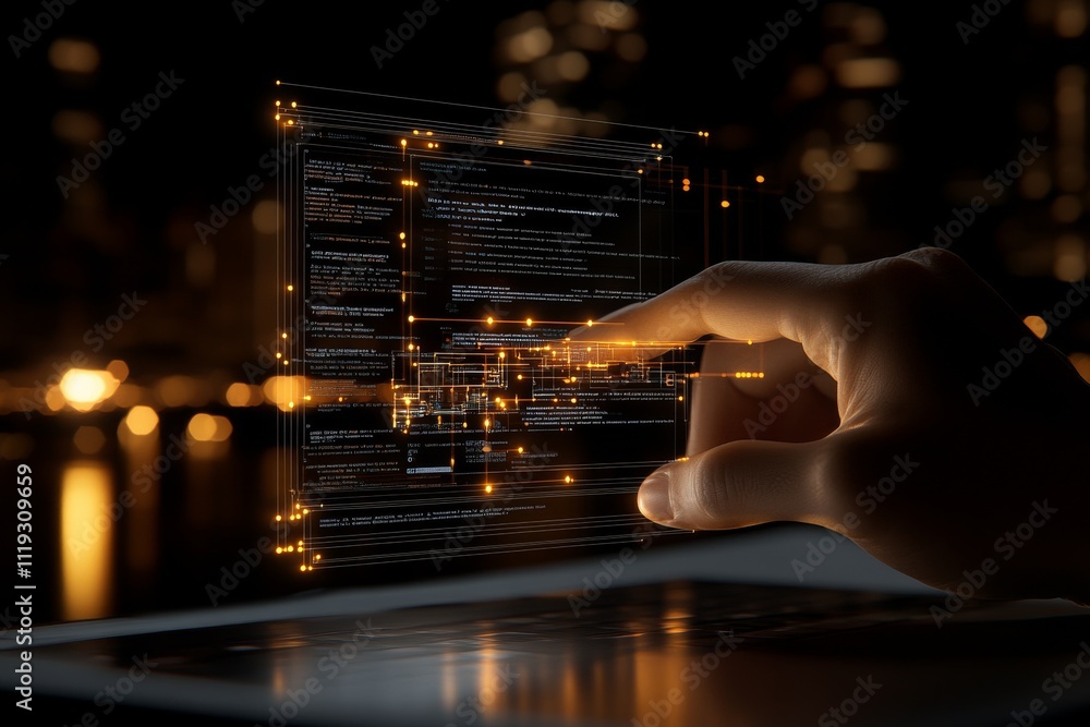 Poster a hand interacts with a holographic interface displaying coded data, epitomizing modern technologica