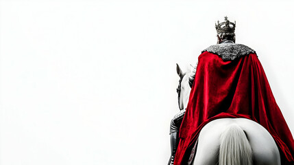 Obraz premium A regal figure in a crown and red cape rides a white horse, exuding power and majesty.