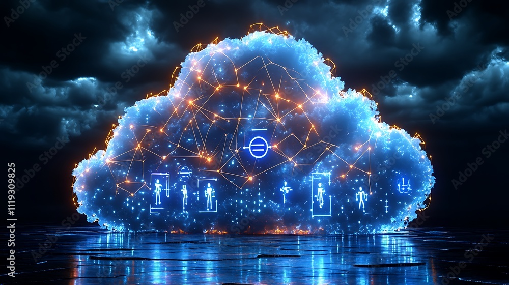 Poster glowing cloud computing network with digital human icons.