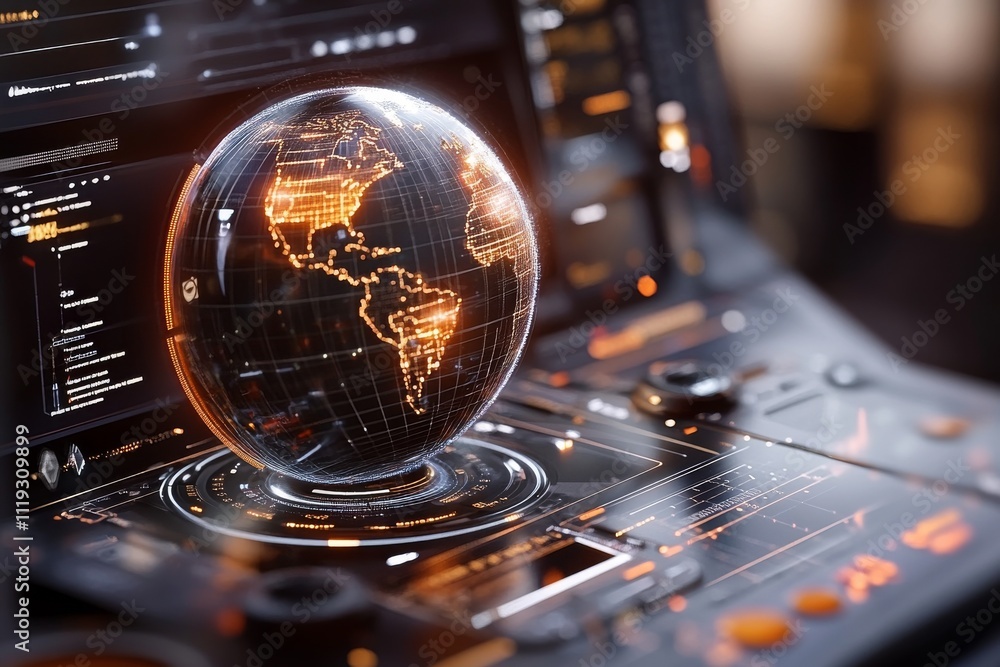 Aufkleber a high-tech digital display presents a holographic globe surrounded by detailed data and statistics,