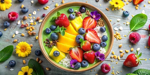Vibrant Green Smoothie Bowl Topped with Fresh Berries, Mango, and Granola