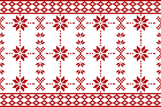 Christmas and New Year seamless pattern. Red snowflakes  on  White pixel pattern for winter hat,jumper,sweater, wrapping,fabric,border,rim,carpets, blankets, towels.