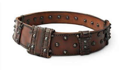 Stylish brown leather belt with studs. This accessory adds a bold touch to any outfit. Perfect for casual or formal wear. Elevate your fashion game. Generative AI