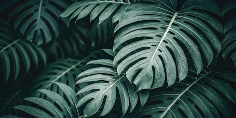 Dark Green Tropical Foliage with Textured Leaves and Deep Shadows