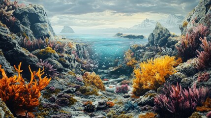 Rocky seashore with tide pools full of marine life and vibrant seaweed