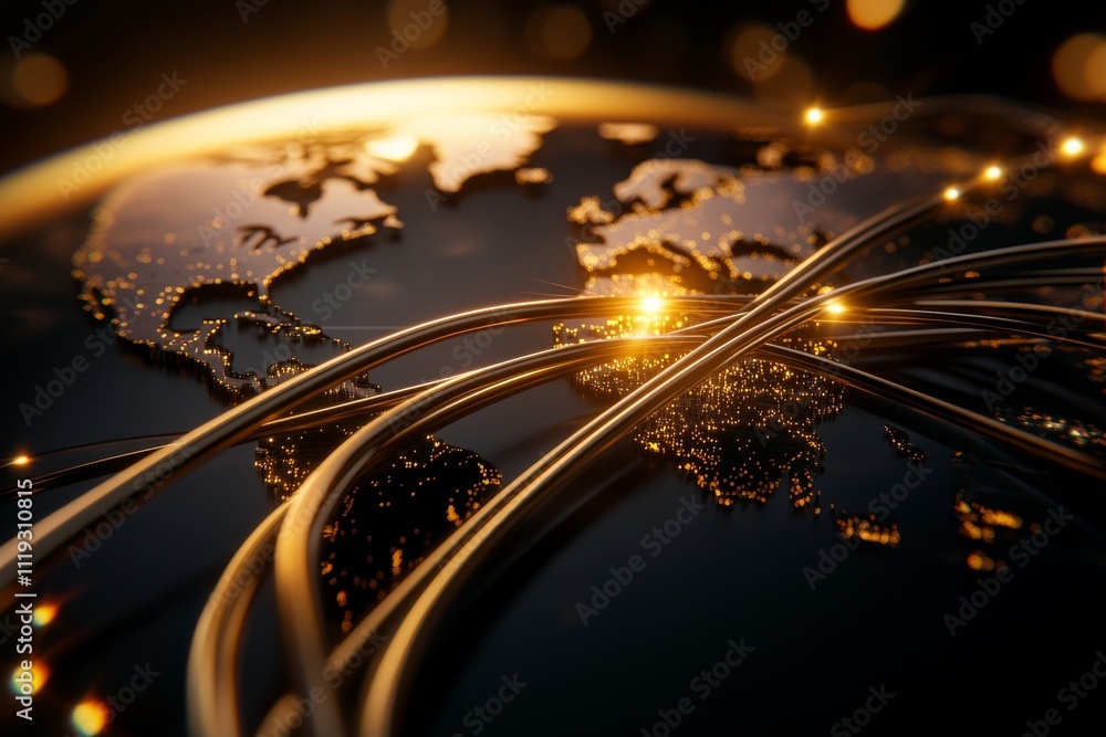 Aufkleber a world map adorned with luminous networks and golden arcs, emphasizing global connectivity and the 