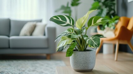 A rare philodendron billietiae variegation plant with stunning in a sleek, modern living