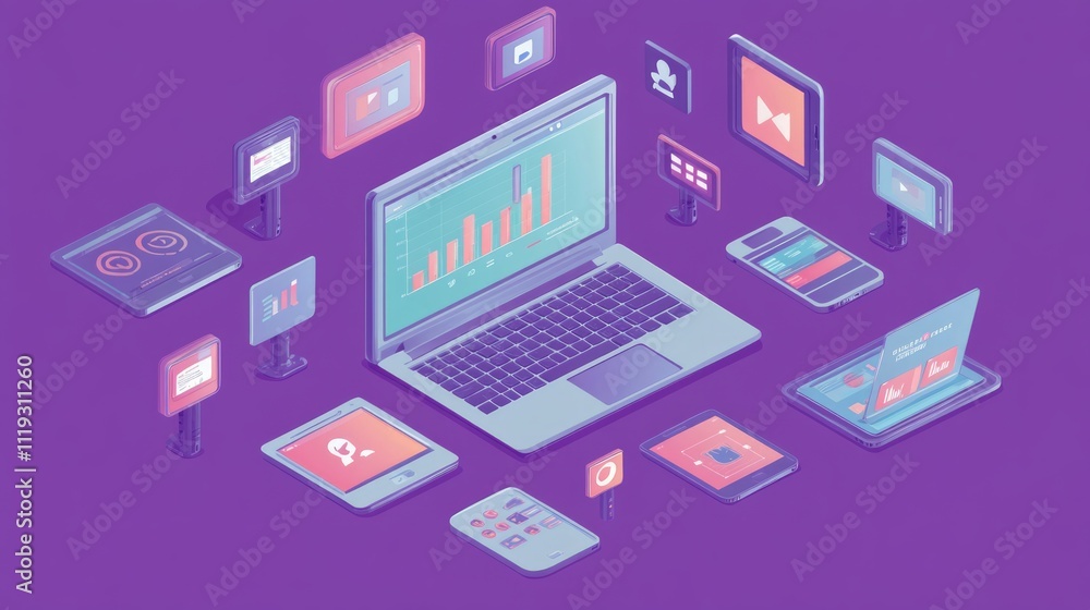 Poster laptop and various digital devices displaying data and graphs, illustrating modern technology and co