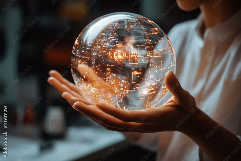Poster a pair of hands hold a glowing transparent globe with digital network overlays, symbolizing global c