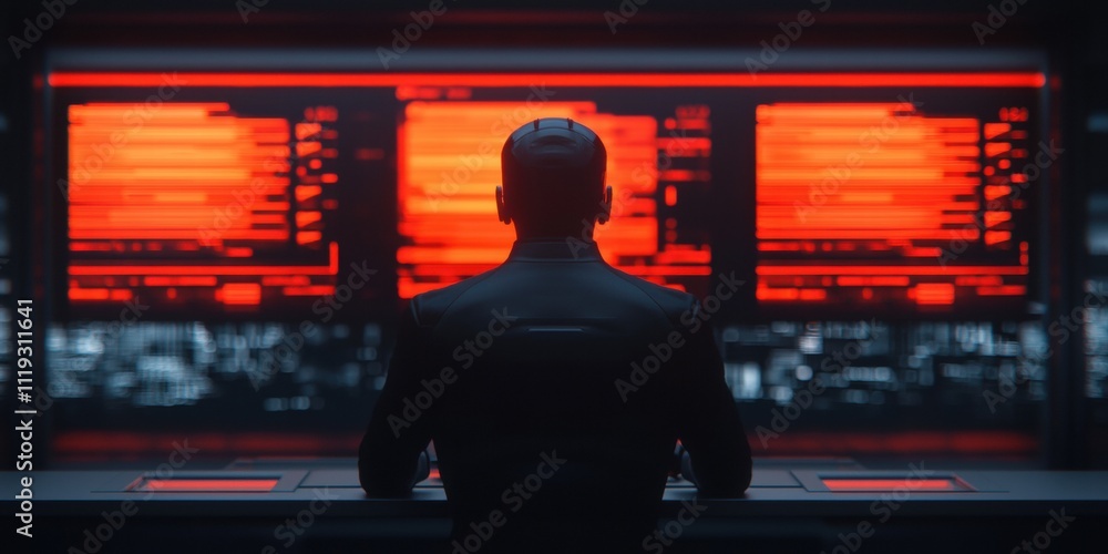 Poster a dark, digital scene showing a figure at a control desk, illuminated by glowing red screens filled 