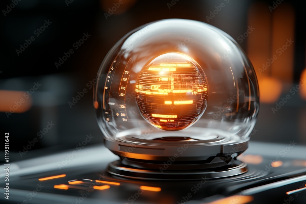 Poster a translucent orb with intricate digital patterns glows with orange light, set against a dark backgr