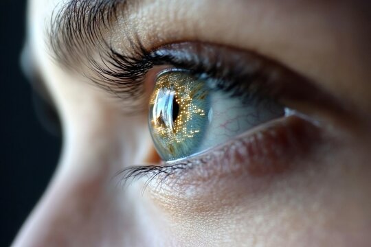 A striking macro image of an eye reflecting a digital cityscape, blending human perception with technology, symbolizing insight and connectivity.