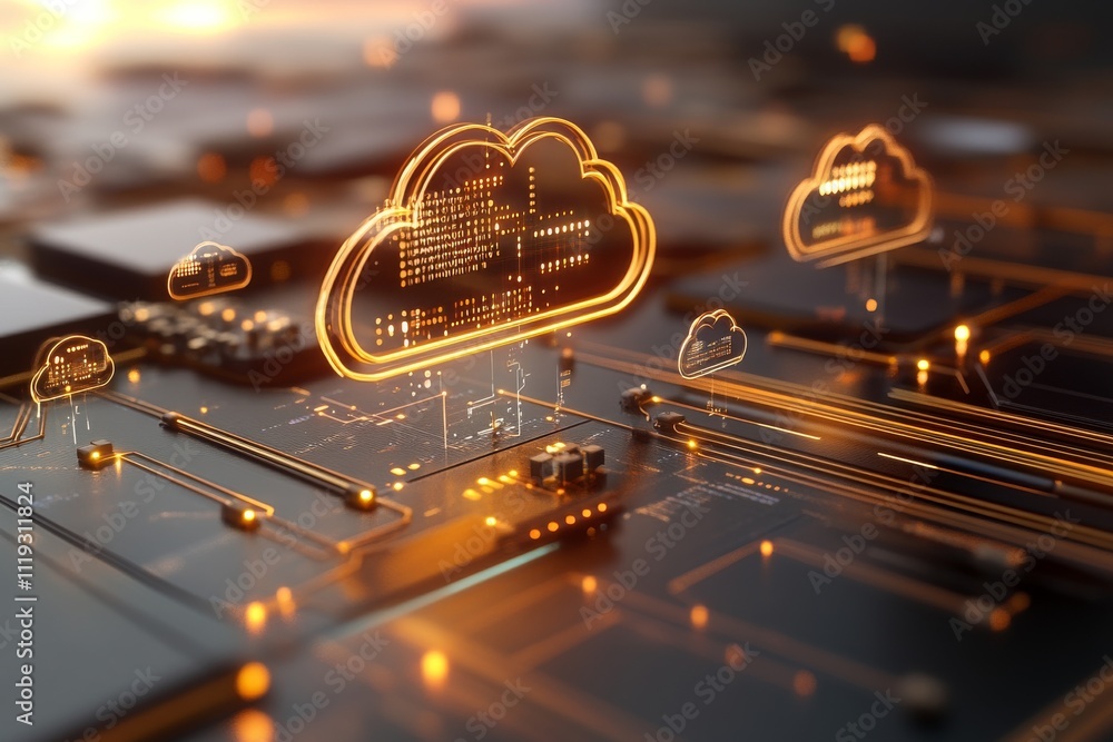 Poster digital cloud icons, illuminated in gold, float above an intricate circuit board, symbolizing cloud 