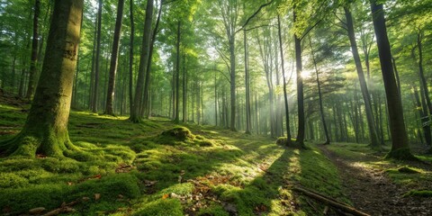 Fototapeta premium Sunlit Path Through a Lush, Mossy Forest with Beams of Light Filtering Through the Canopy