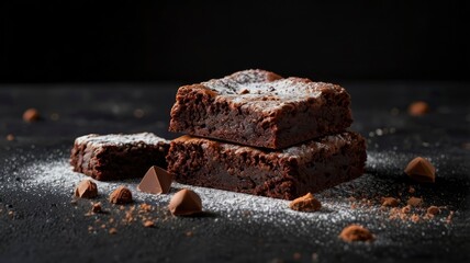 Stack of brownies on black background. Delicious homemade chocolate dessert, brownie with sugar powder, copy space.