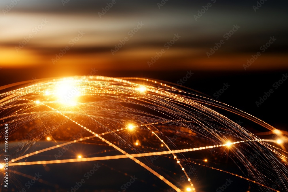 Poster golden light streams curve across a dark background, representing global connectivity, communication
