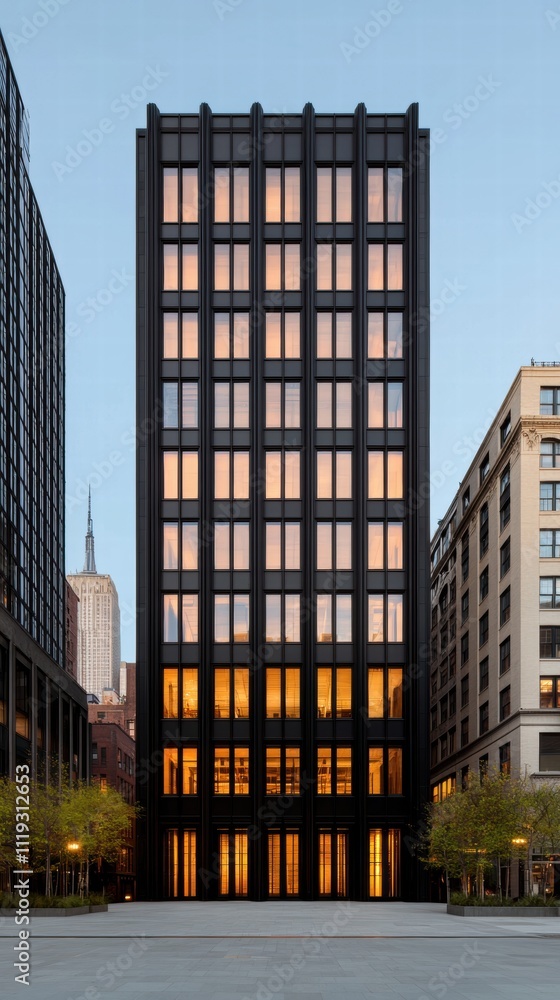 Poster a modern black building with illuminated windows against a twilight backdrop, showcasing sleek archi