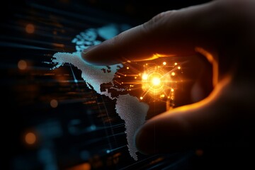A hand interacts with a digital representation of a world map, with a glowing network effect, symbolizing global connectivity and technological advancement.