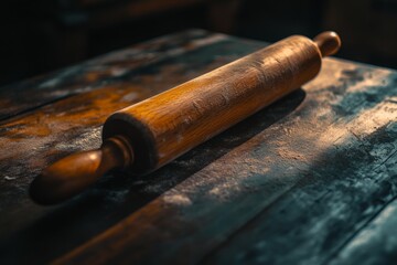 Fototapeta premium A beautifully crafted wooden rolling pin rests on an old rustic table. This image captures the essence of baking and traditional cooking tools. Generative AI