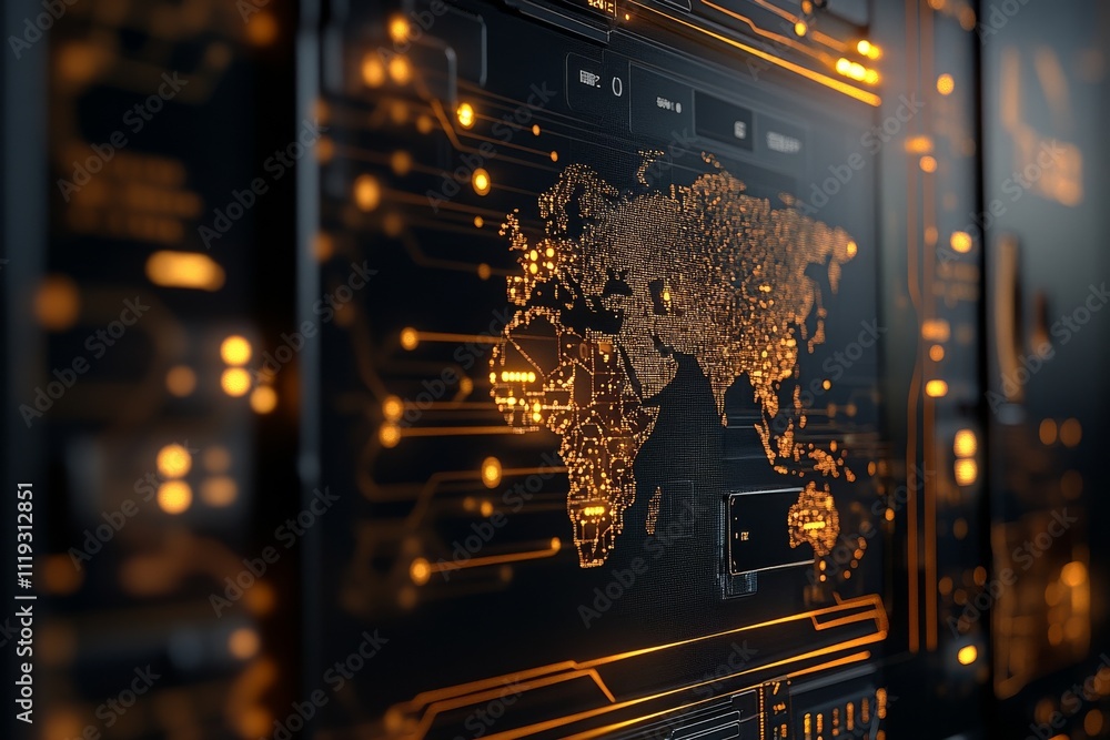 Aufkleber a futuristic digital map display featuring a glowing world map integrated with advanced circuitry, s