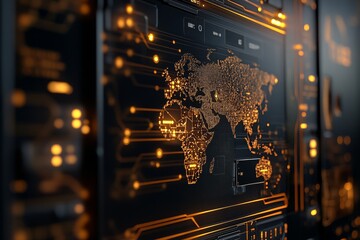 A futuristic digital map display featuring a glowing world map integrated with advanced circuitry, symbolizing global connectivity and high-tech communication.