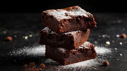 Stack of brownies on black background. Delicious homemade chocolate dessert, brownie with sugar powder, copy space.