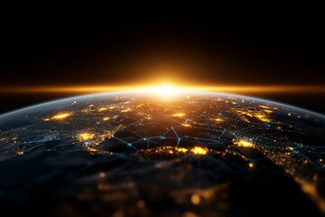 A sunrise view over a glowing earth with visible interconnected networks, highlighting the beauty and emerging connections of our globalized digital society.