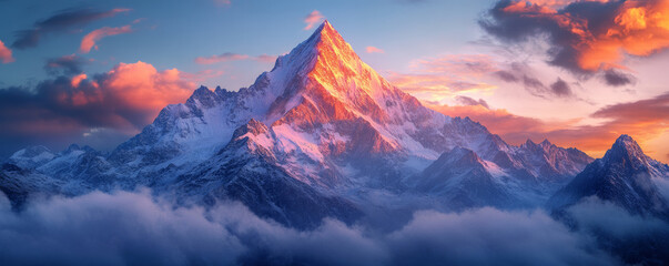 majestic mountain peak illuminated by vibrant sunset colors, surrounded by dramatic clouds and snow covered ridges, creating breathtaking and serene natural landscape