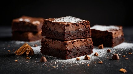 Stack of brownies on black background. Delicious homemade chocolate dessert, brownie with sugar powder, copy space.