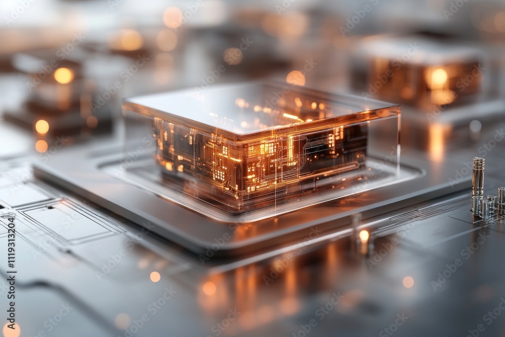 Poster a close-up of a futuristic microchip with glowing copper circuitry encased in a transparent cover, s