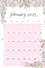 February 2025 Calendar, Floral February 2025 Calendar, Pink and White Floral Calendar