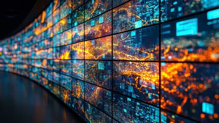 Futuristic Data Wall Network Technology Digital Information Global Connections