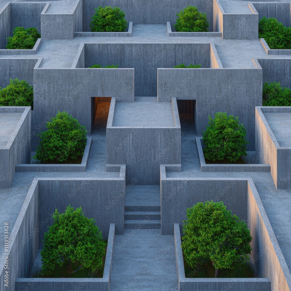 Poster a modern maze design featuring concrete walls and lush greenery, creating a striking contrast betwee